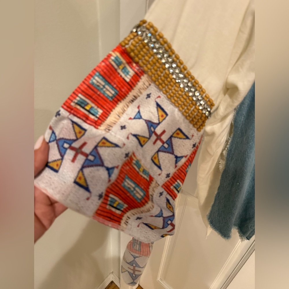 Bohemian Denim & Cream Jacket Vibrant geometric Patterns Oversized Size XS - Picture 4 of 7